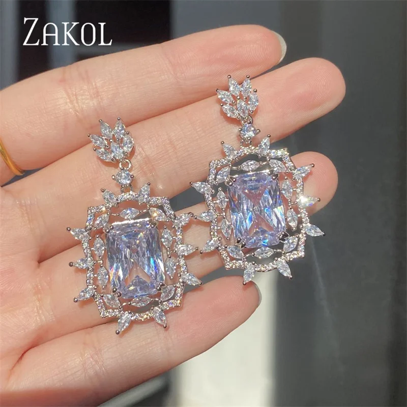 ZAKOL Gorgeous Princess Big Square Light Blue Cubic Zirconia Drop Earrings for Women Fashion Luxury Wedding Engagement Jewelry