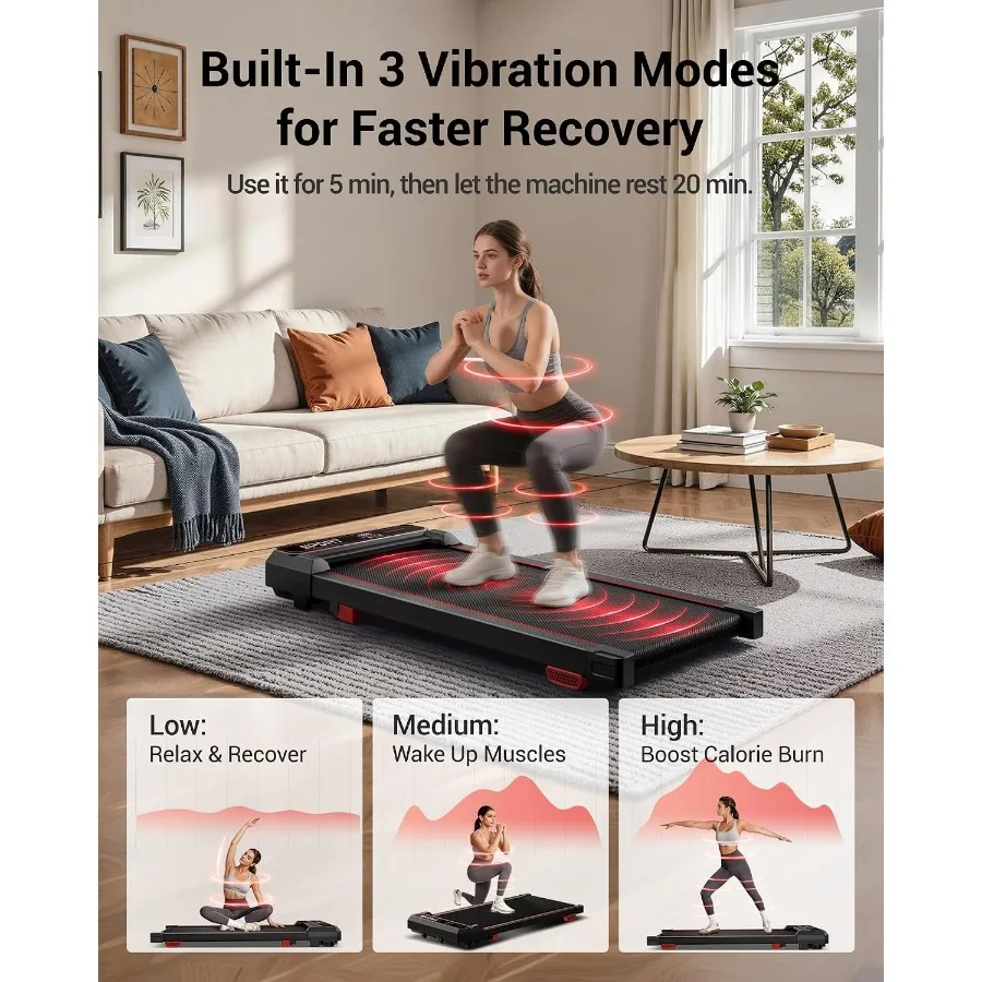 Portable under desk treadmill with 15 incline walking and vibration pad for home office use, black ABS plastic, compact design