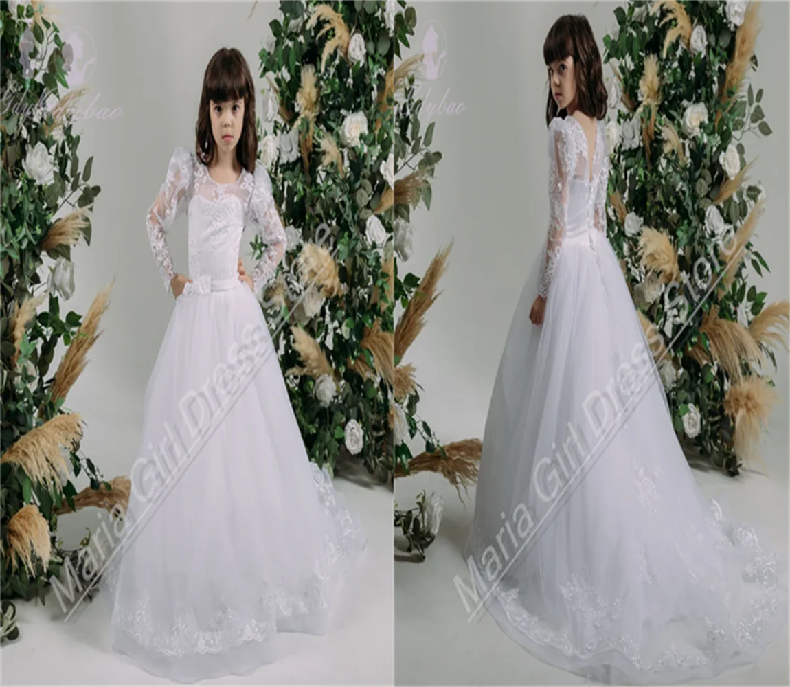 فستان أبيض أنيق لفتاة الزهور مع دانتيل منتفخ مزين حسب الطلب للأطفال #1