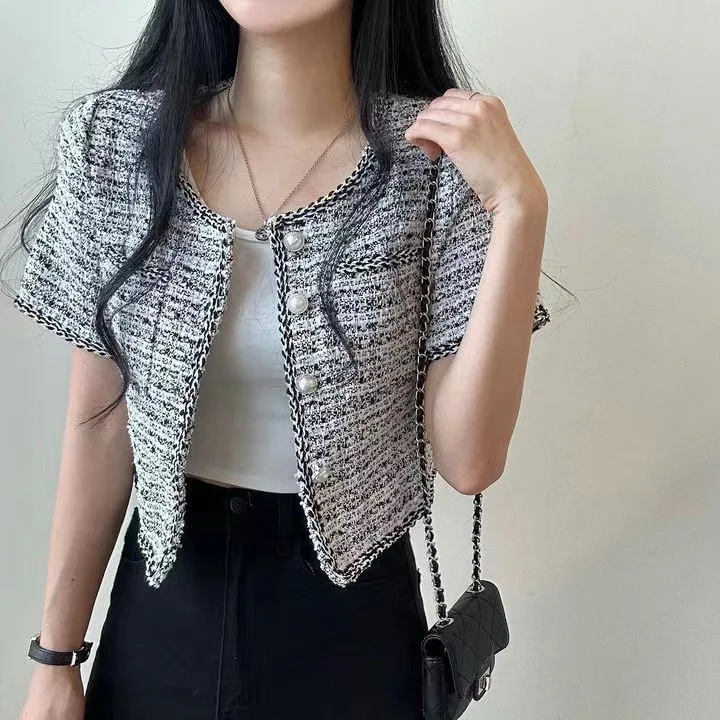 Żakiet tweedowy z frędzlami damski jesienny minimalistyczny zamszowy haftowany jednorzędowy prosty jedwabny miękki Harajuku prosty prążkowany bawełniany OL