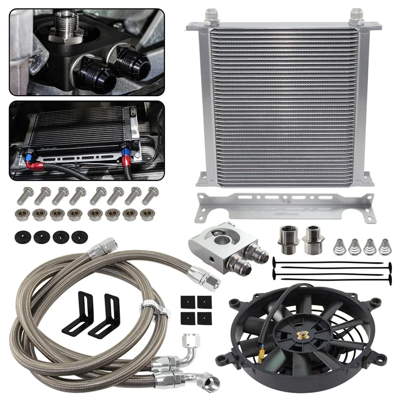 

TLF Universl N10 40 Row Oil Cooler Kit W/ Brcket Kit Thermosttic 73 ±0.5°+7'' Electric Fn for M20XP1.5 nd 3/4X16UNF
