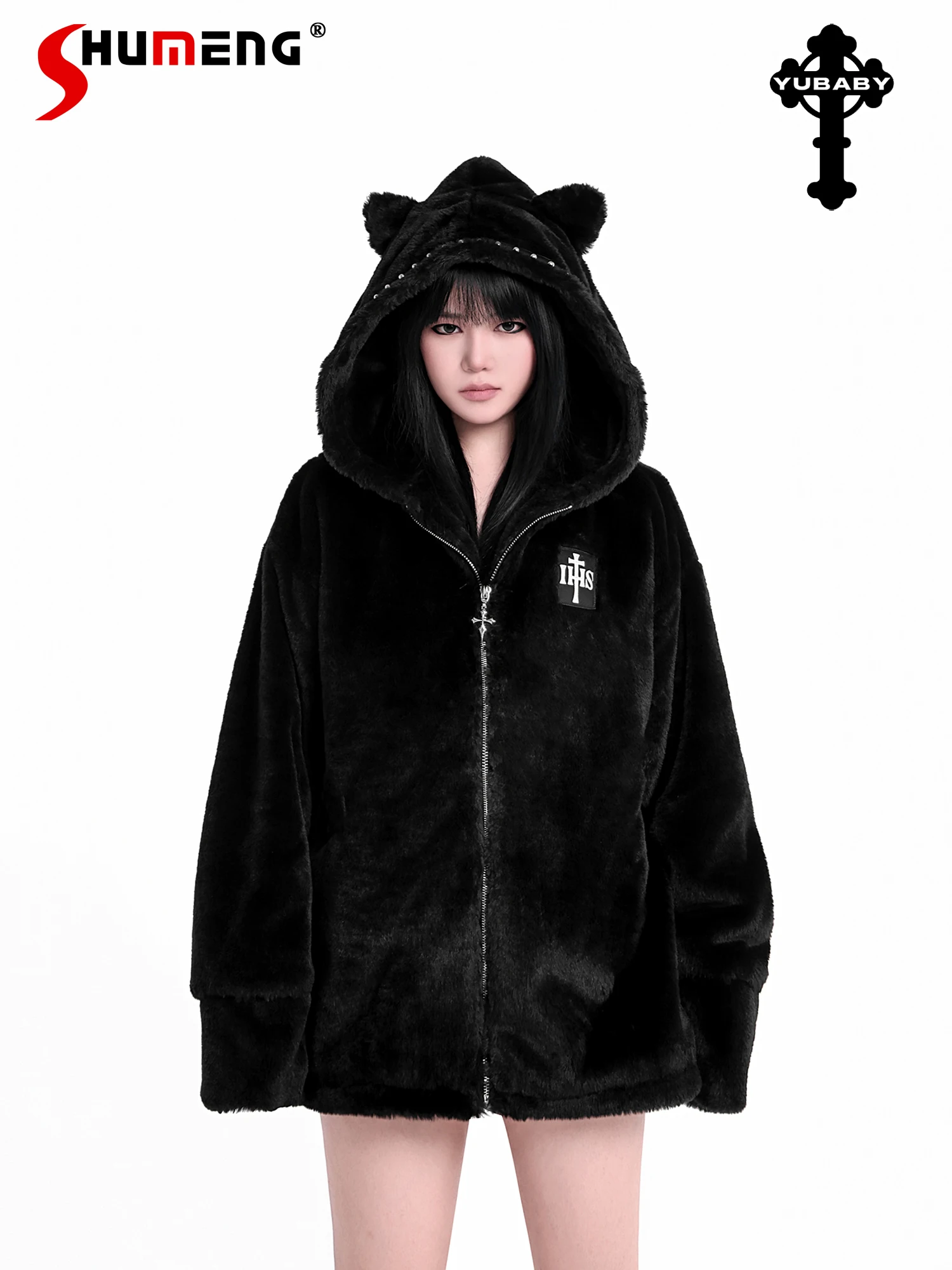 

Темный панк, милая, крутая девушка, милые кроличьи уши, с капюшоном, крестовая молния, свободные универсальные повседневные пальто из искусственного меха, женские зимние черные куртки