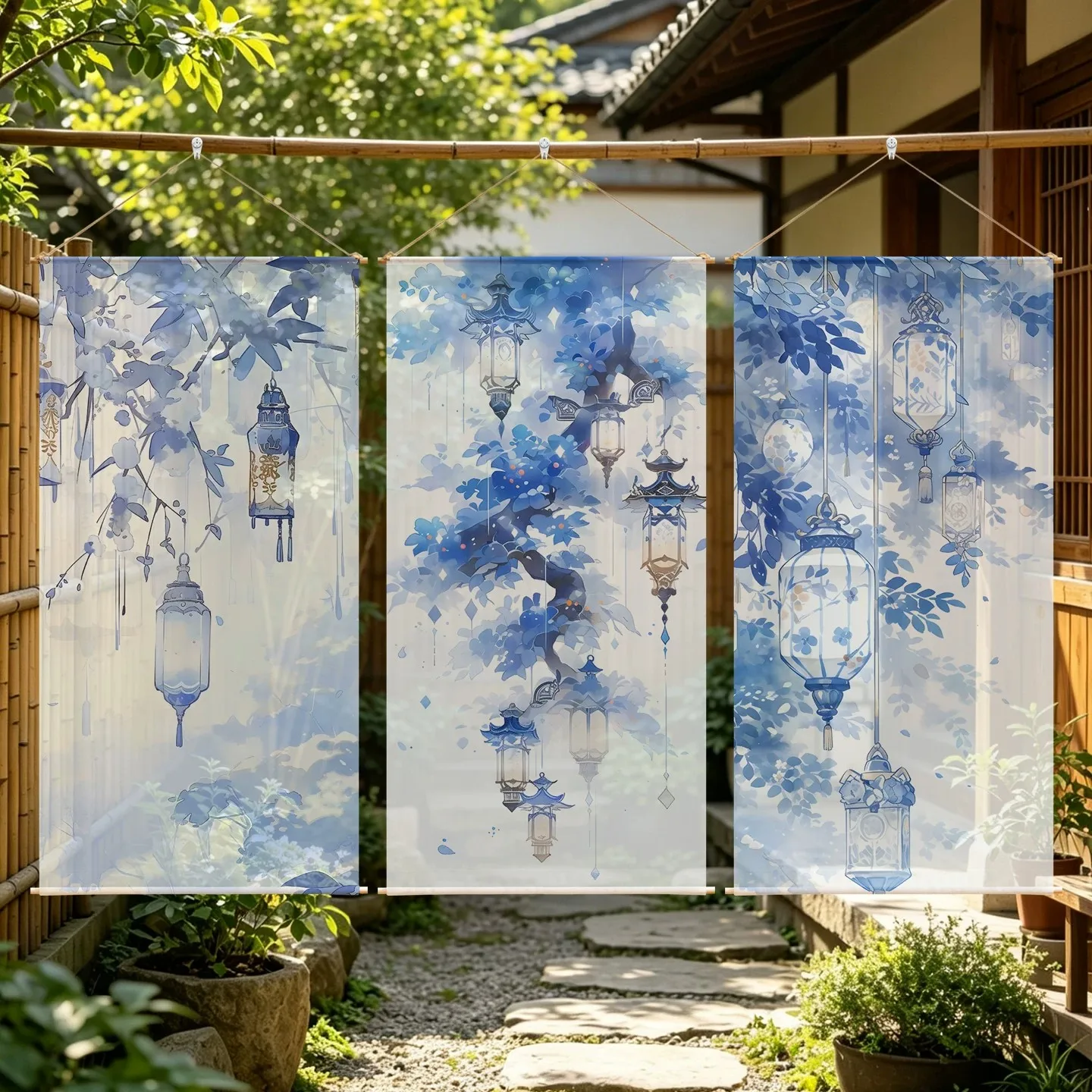 Blue Floral Lantern Hanging Room Divider – Semi Transparent Sheer Gauze Curtain for Market Booth, Cafe Window Display