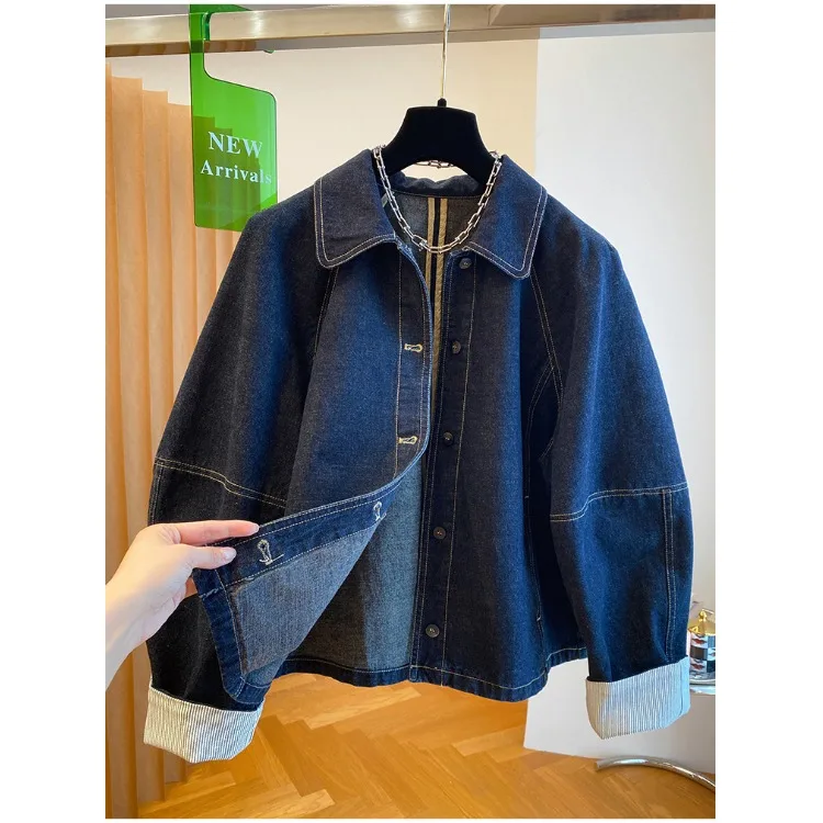 Loose Fit Deep Blue Denim Jacket Women\'s Retro Spring Autumn Casual Sleeve Cuff Patchwork Denim Jacket  Collar Button Clo...