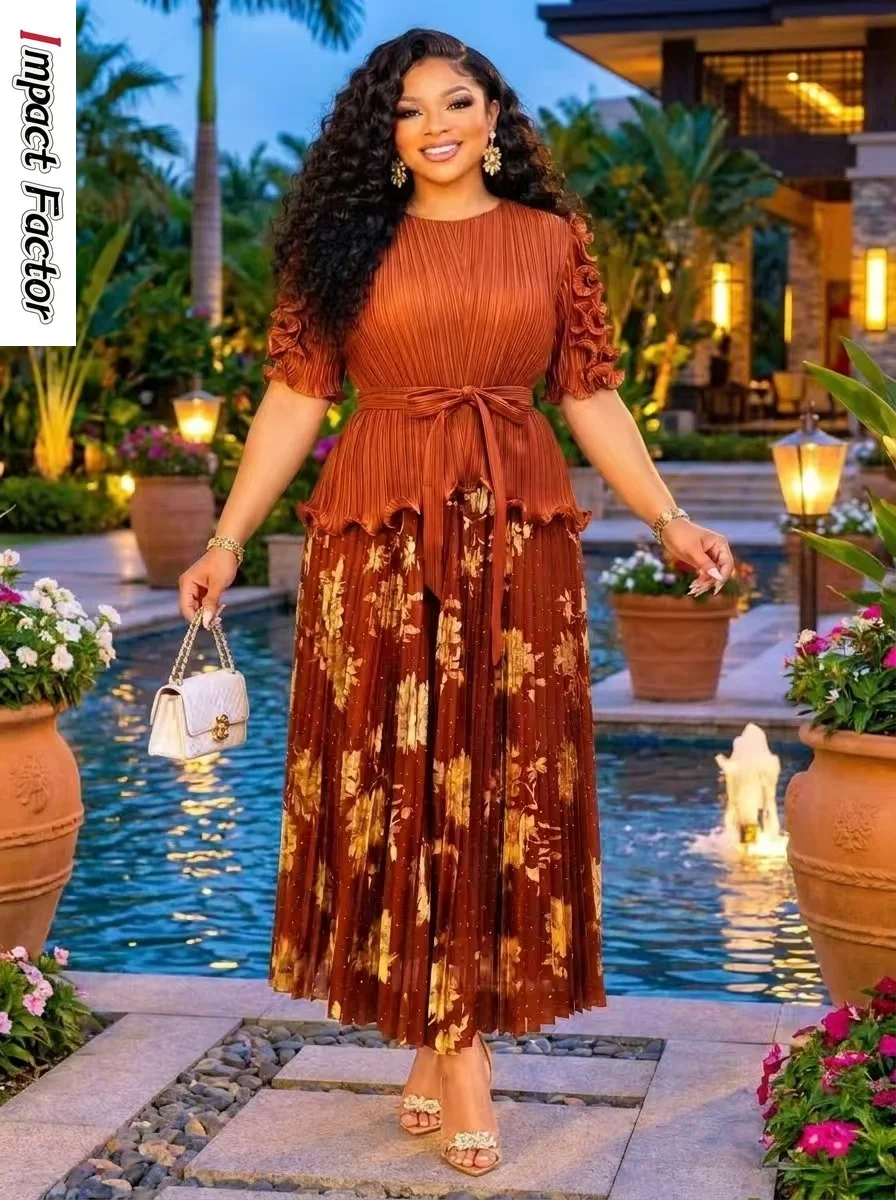 Miyake 2026 New Pleated Printing Fashion Bronzing Set Fungus Lace-up V-neck Loose Long Dress Two-piece Set