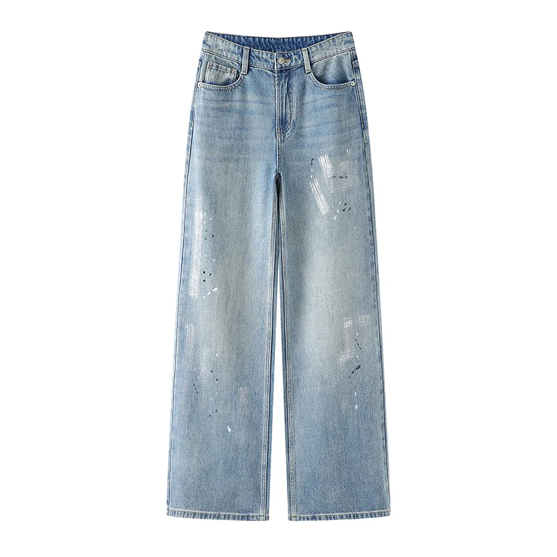

Jean Full Length Wide Leg Jeans Women High Waist Washed Denim Pants Zipper Fly Print Distressed Pockets Loose Basics 2025
