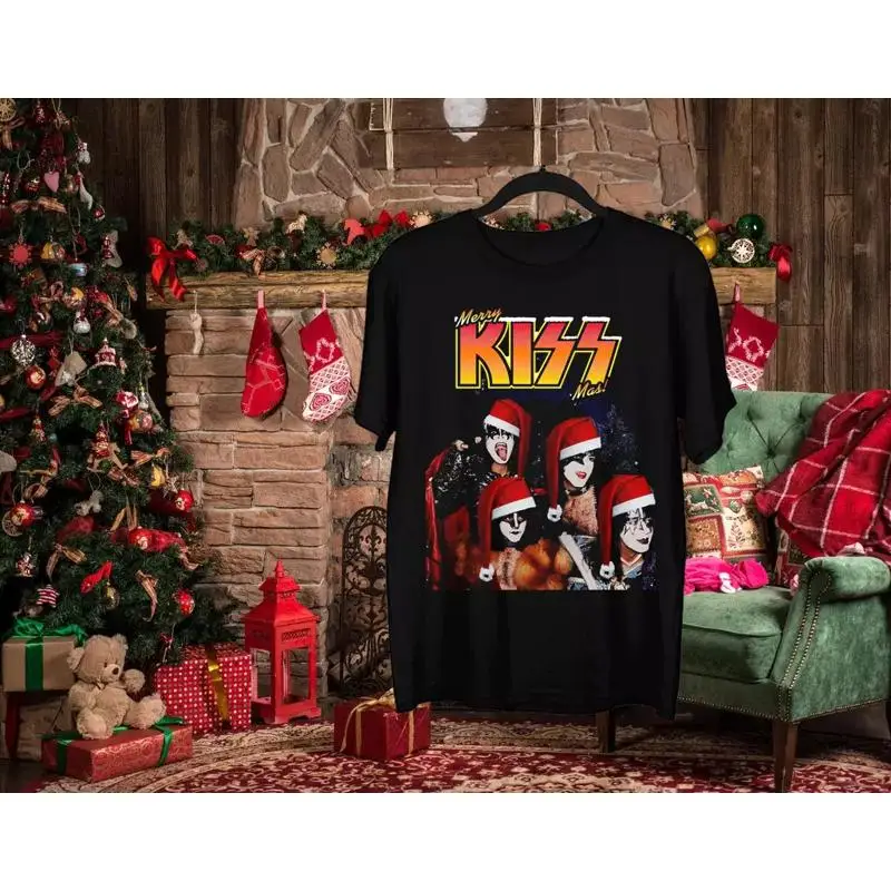 تي شيرت Kissmas Merry Christmas قطن أسود بجميع المقاسات Mm976 Webp #1
