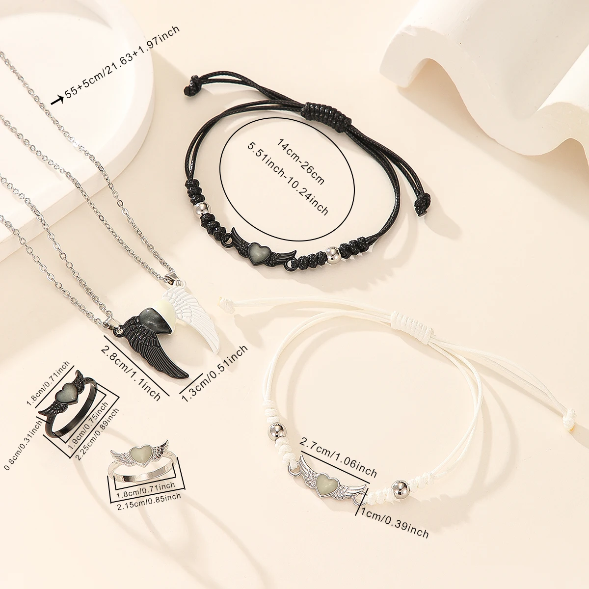 مجموعة أساور على شكل قلب مضيء وثلاثية الأبعاد على شكل جناح للزوجين للنساء مجموعة مجوهرات عصرية مكونة من 6 قطع