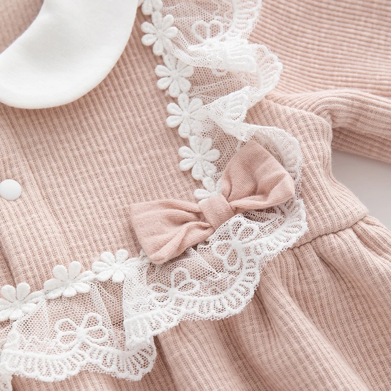 Autumn Winter Newborn Baby Girls Clothes Long Sleeve Fleece Warm Lace Flowers Jumpsuit Girls Rompers + Hats