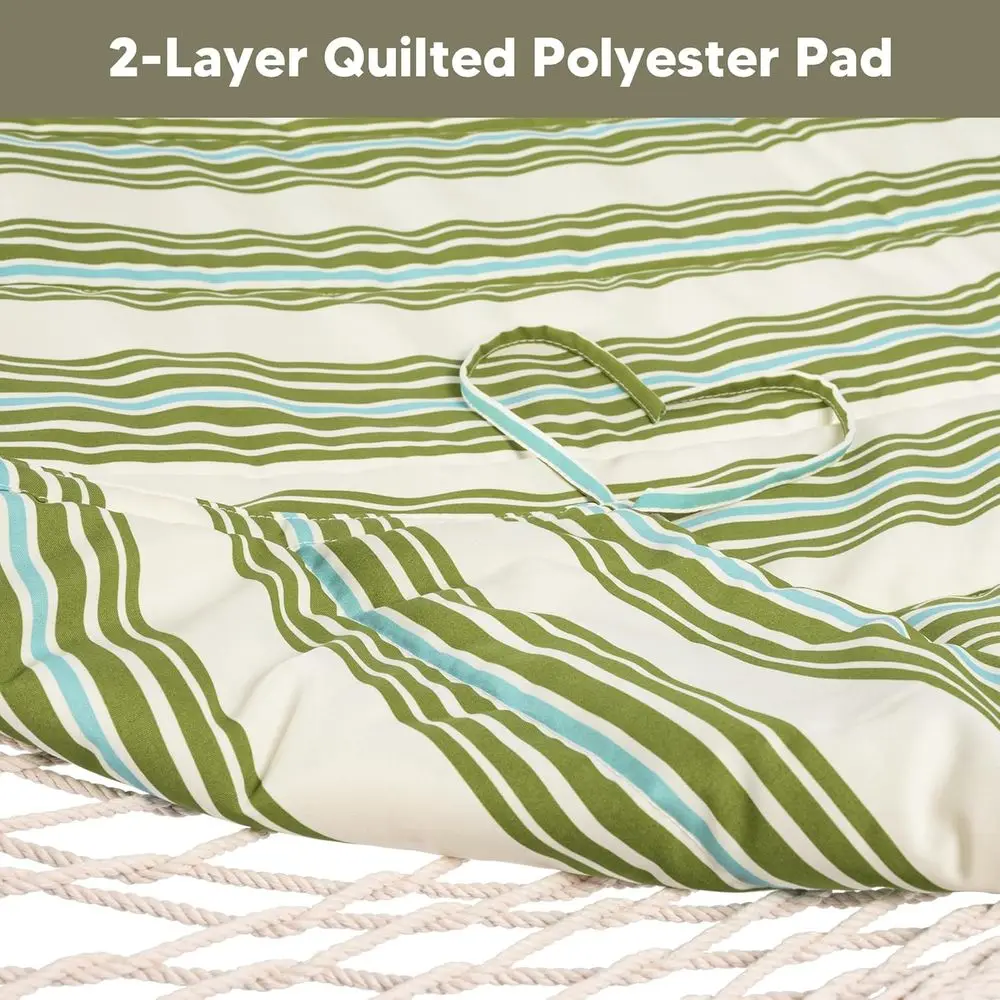 Double Camping Hammock with Wooden Spreader and Polyester Pad, Green & Beige