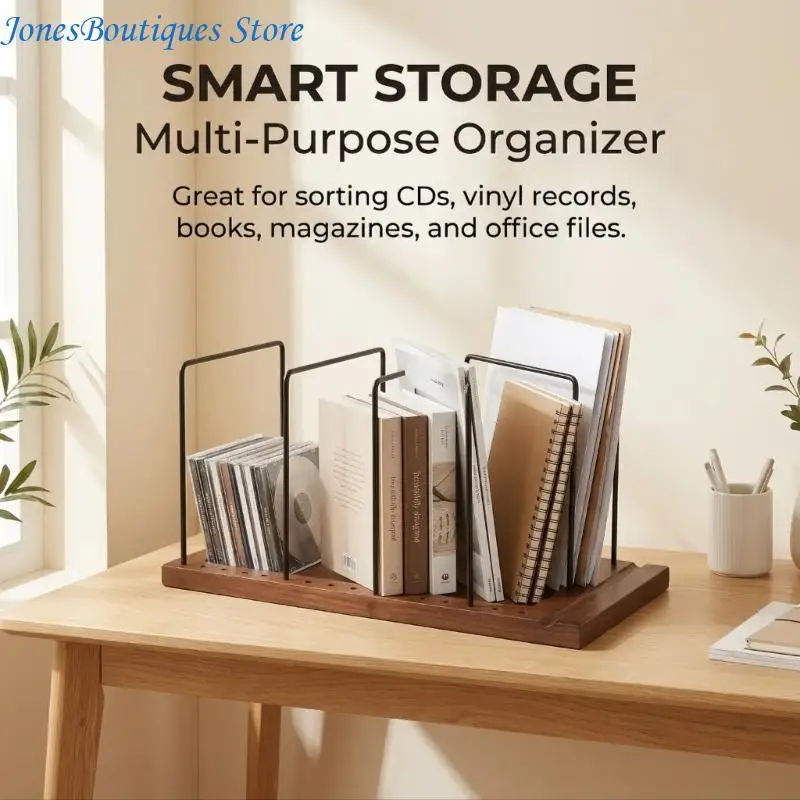 Desktop Music Disc Storage Rack with Iron Dividers and Engineered Base, Open Sections for Sorting the Album Collection W8KE