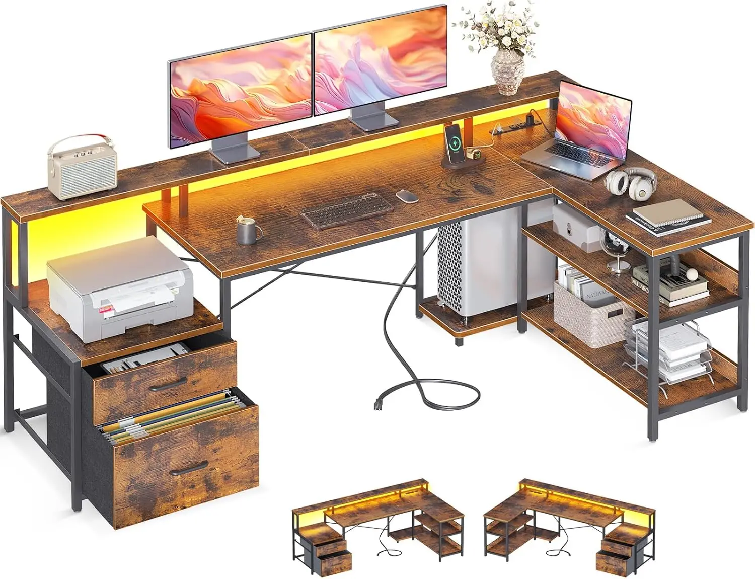 

L-shaped desk with file drawers, 75 inch reversible L-shaped computer desk, game desk with monitor stand, corner table, Vintage