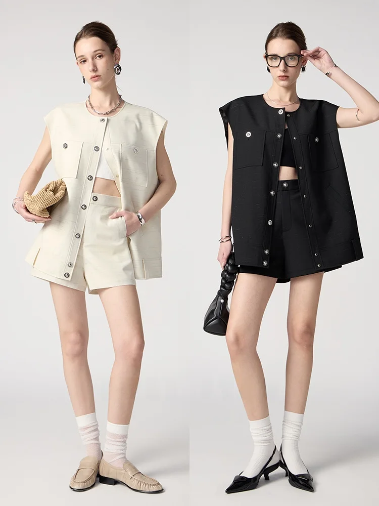 

Soft Wool Linen Texture round Neck Loose Outerwear Vest Shorts Set Commute Style Single Button Closure Regular Length Coat