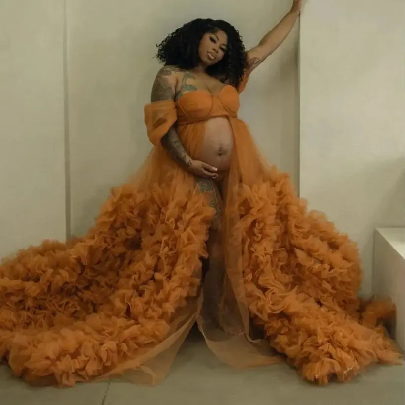 

A Line Orange Maternity Gown for Photoshooting Ruffles Long Pregnant Women Photography Dresses Customized Baby Shower Gowns