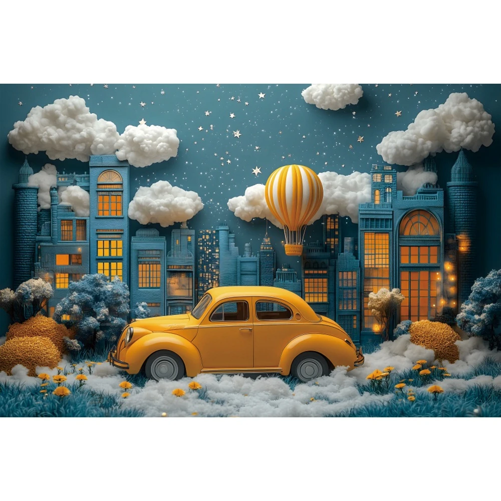 Star Car Photography Background Yellow Hot Air Balloon White Clouds Blue Wall Birthday Backdrop Baby Shower Decor Photo Studio