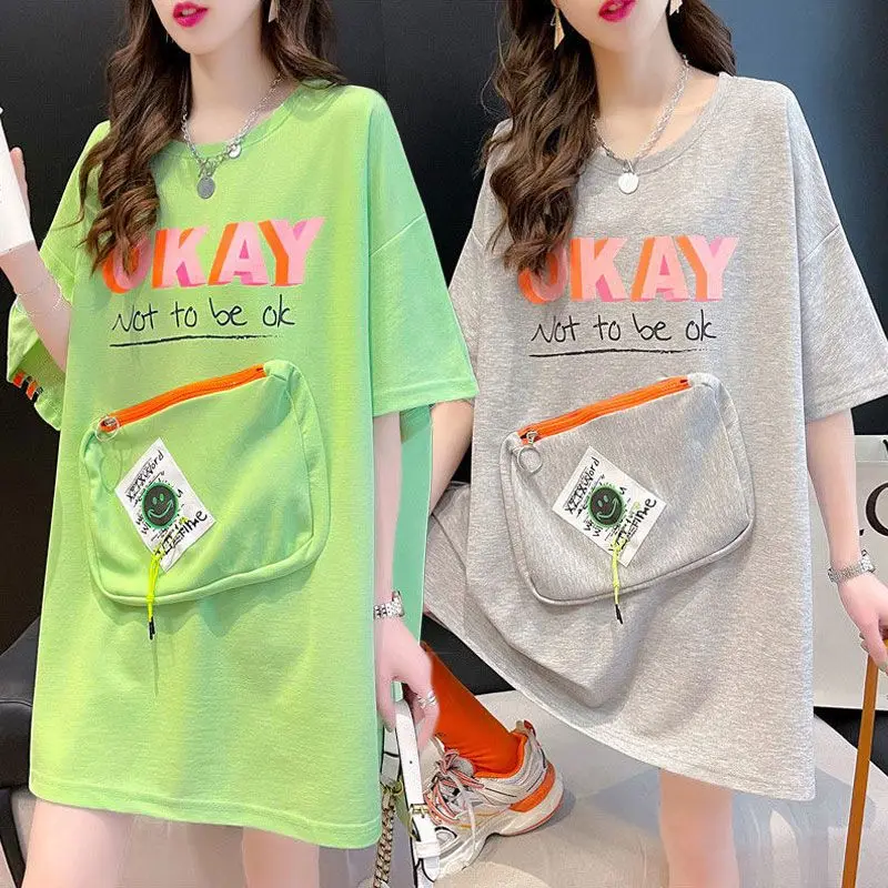 Y2k Clothing Zipper Pockets Store Phone Mid-length Short Sleeve Street Casual T Shirt Women Korean-style New Shirt Summer Tops