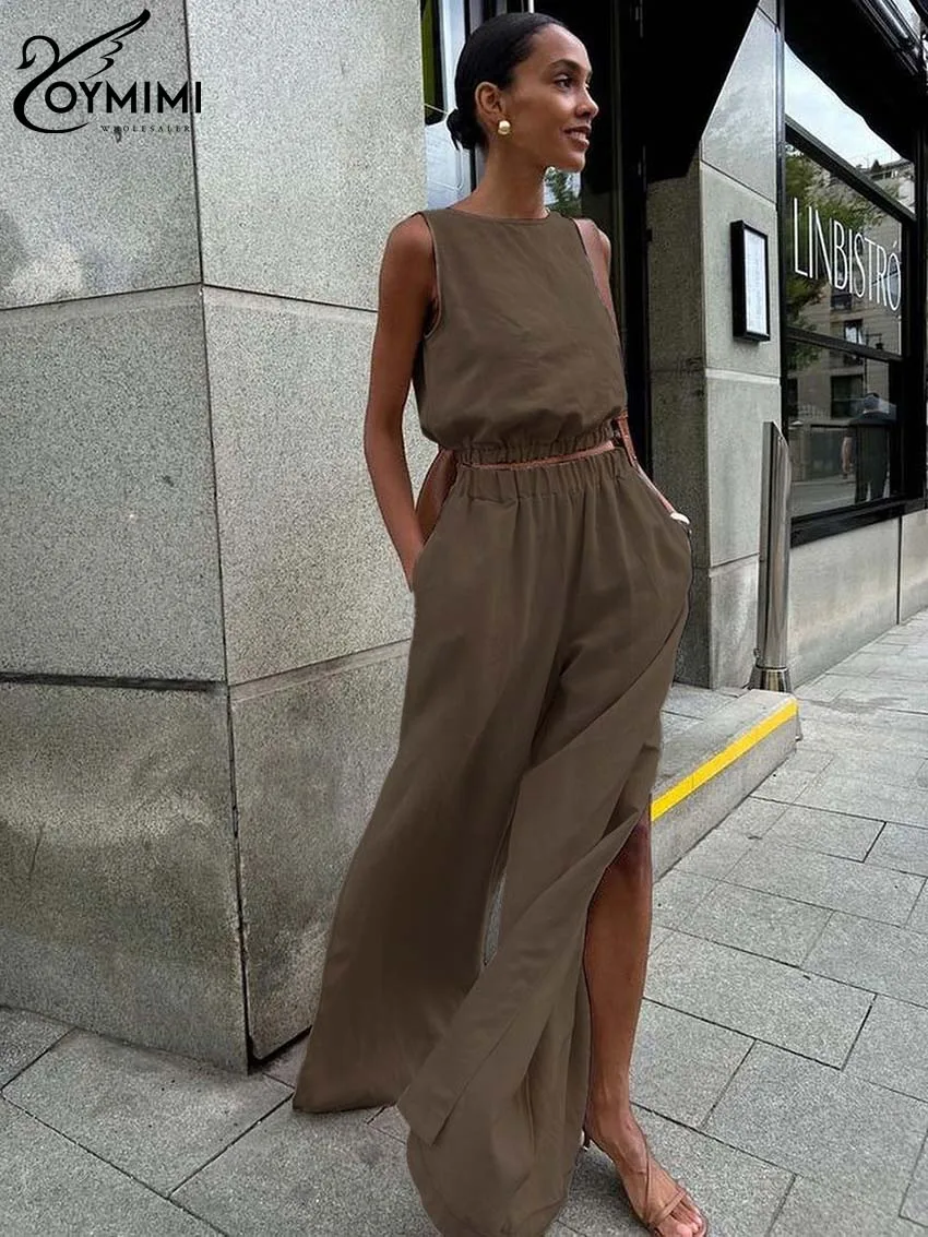 Oymimi Fashion Brown Cotton Sets For Women 2 Pieces Elegant O-Neck Sleeveless Crop Tops And High Waist Side Slit Trousers Sets