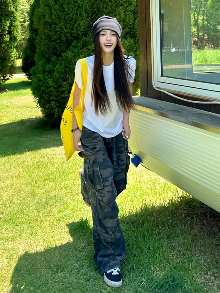 

Джинсы American Sle с несколькими карманами для спецодежды, мужские и женские удлиненные прямые брюки, свободные утягивающие брюки длиной до пола, расклешенные брюки...