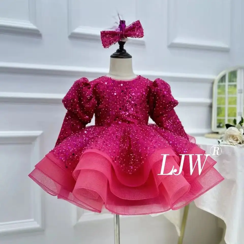 

Bow sequin Long sleeve puffy sleeve Girl's Party Dress Delicate elegant Girl's Princess dress Children's first birthday cute dre
