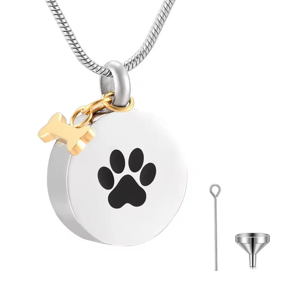 Round Pet Paw Print Urn Pendant for Ashes with Dog Bone Stainless Steel Customizable Memorial Necklaces Keepsake Ashes Jewelry