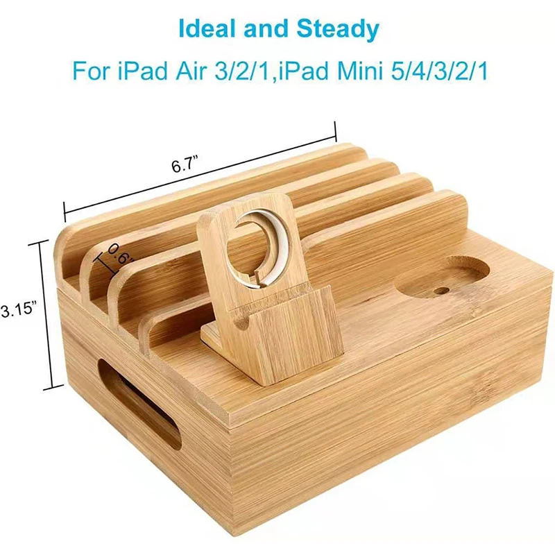 Bamboo Charging Organizer Cord for Phones Desk Wood Docking Stations Electronic Organizer for Cell Phone Tablet