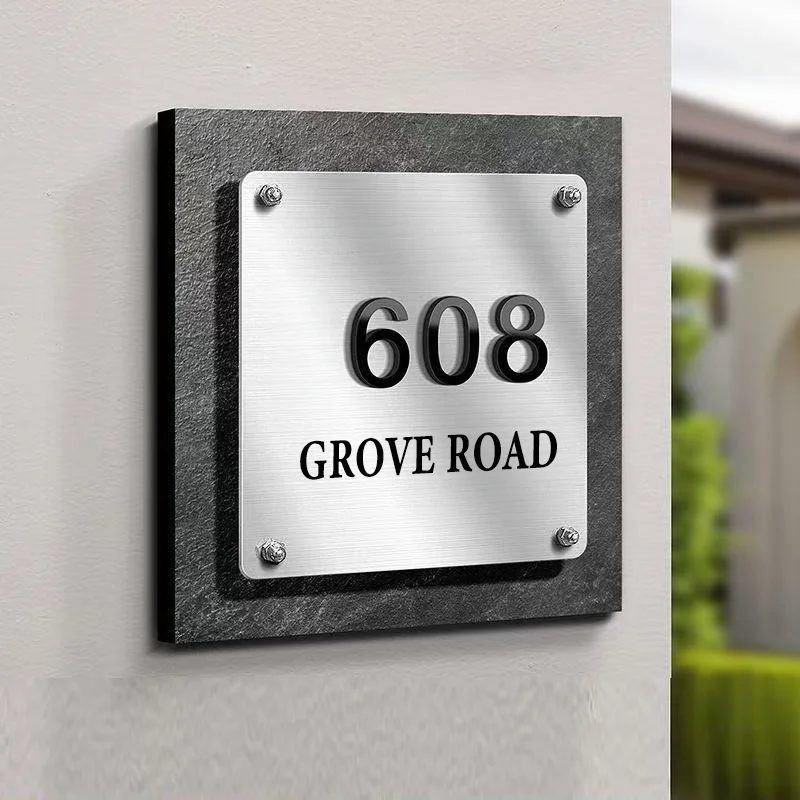 

Custom Stainless Steel House Number Sign on Textured Acrylic Board Multi-Language Address Plaque Outdoor Door Sign Multi Size