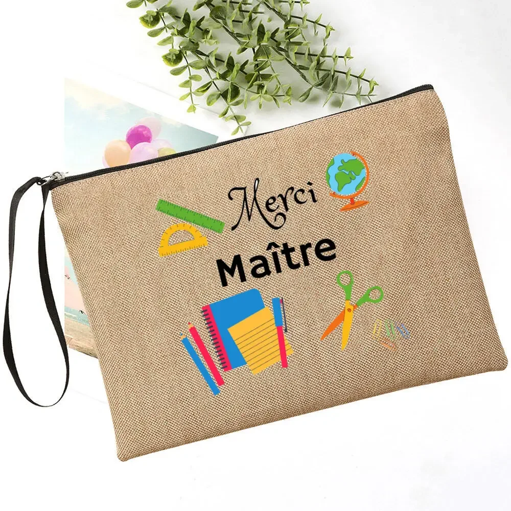 Merci Maîtresse Teacher\'s Storage Bag Thank You Mistress Make Up Pouch Cosmetic Purse Zipper Pouches Gift for Teachers