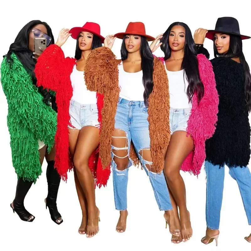 

Solid Crochet Tassel Knitted Long Cardigans Women Fashion Full Sleeve Open Stitch Loose Casual Sweaters Coat Streetwear Outwear
