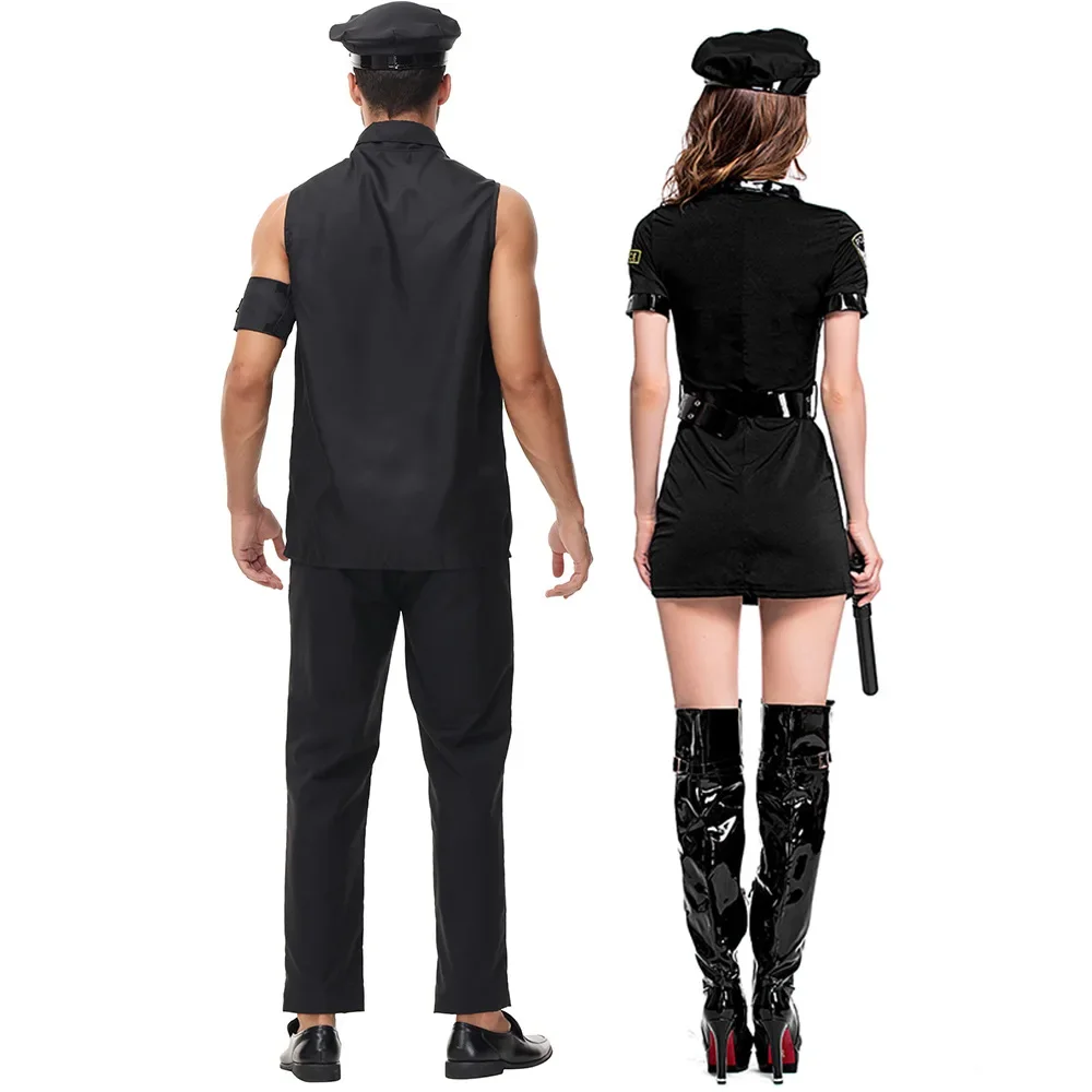 Halloween Party Cosplay Uniforme policial para homens e mulheres, policial sexy preta, terno adulto, vestido extravagante, casais, casais