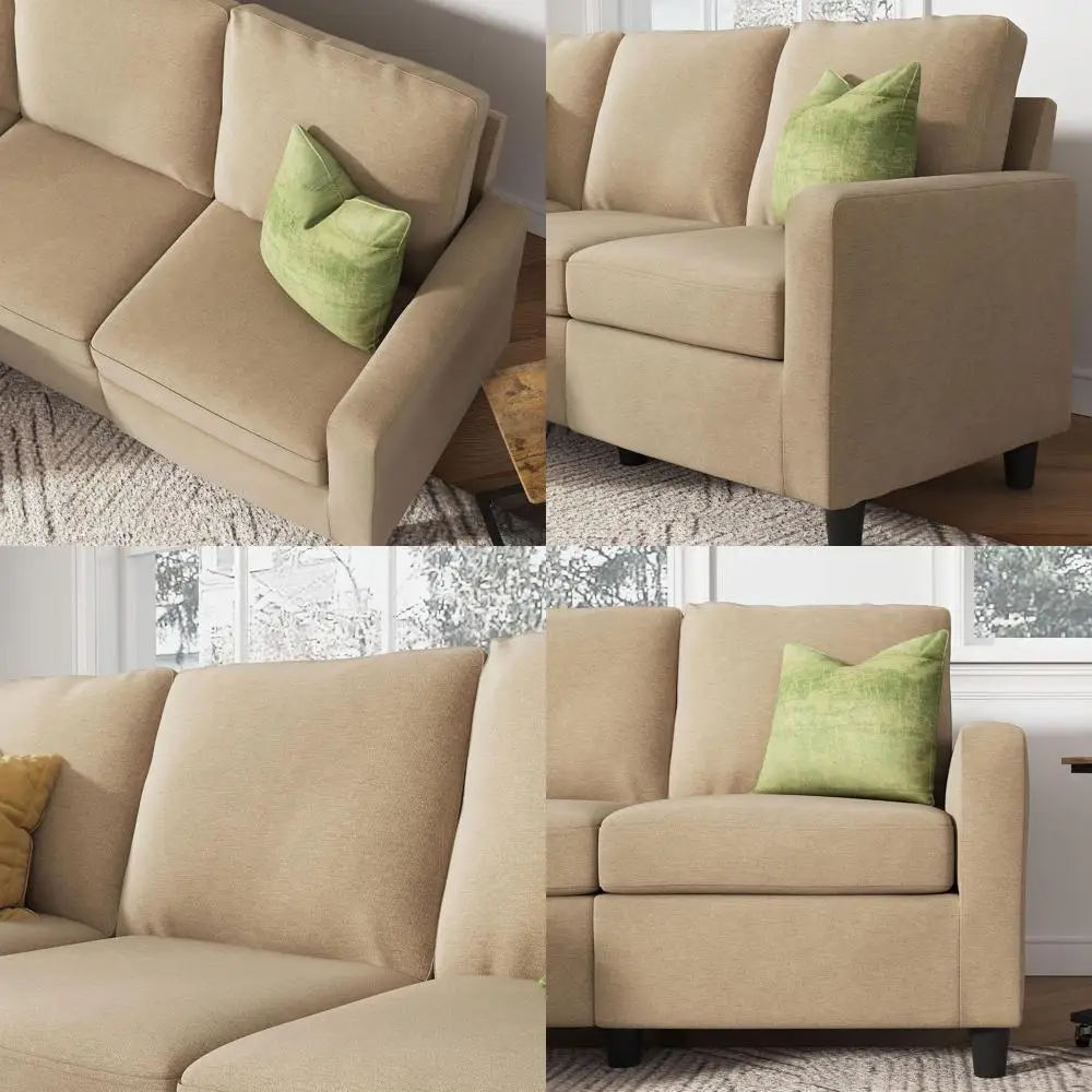 Linen Fabric L-Shaped Convertible Reversible Sectional Sofa for Small Spaces in Cream