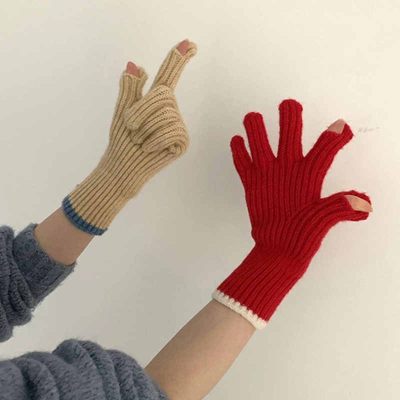 Guantes de lana tejidos de Color puro para mujer, guantes gruesos y cálidos para parejas con dedos abiertos para estudiantes y pantalla de invierno