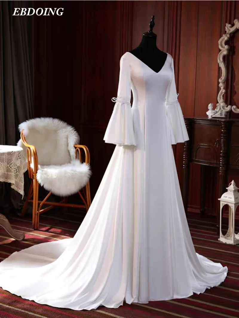 Wedding Dress A-Line V Neck Long Open Back WIth Flare Sleeves Custom Made Vestidos De Novias 2024