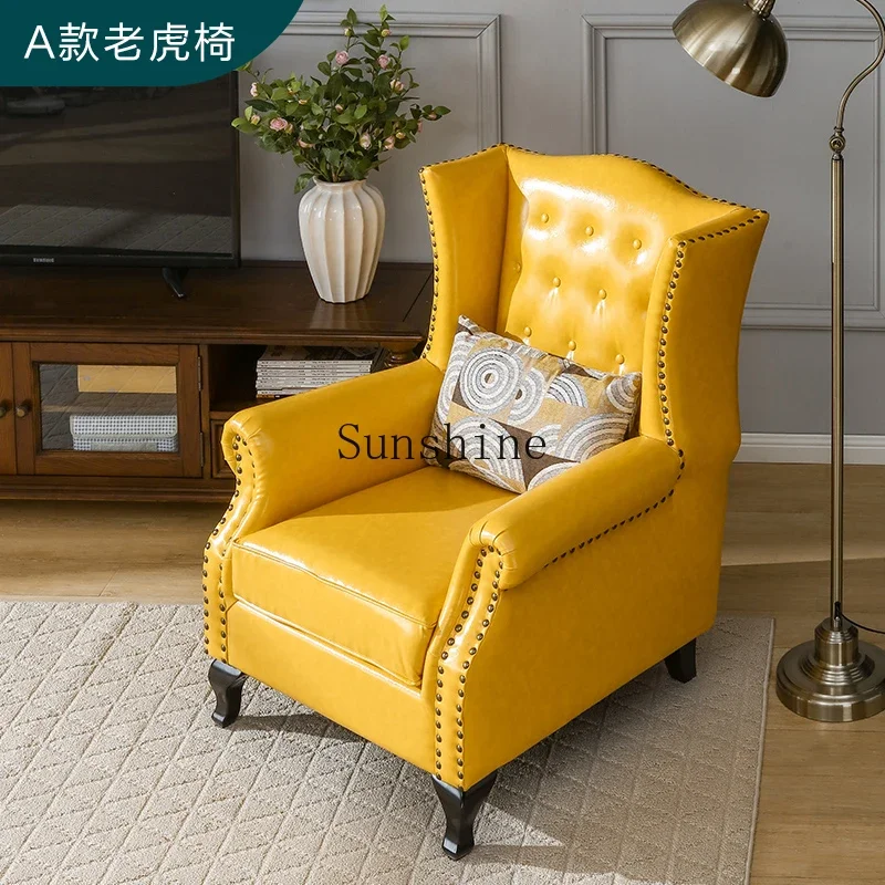 American tiger chair living room fabric single sofa high backrest retro rural solid wood simple leisureX
