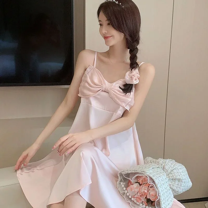 Sweet Princess Pajamas High Appearance Level Loose Bow Ms. Loungewear Sense of Advanced Ice Silk Nightdress Summer New Style