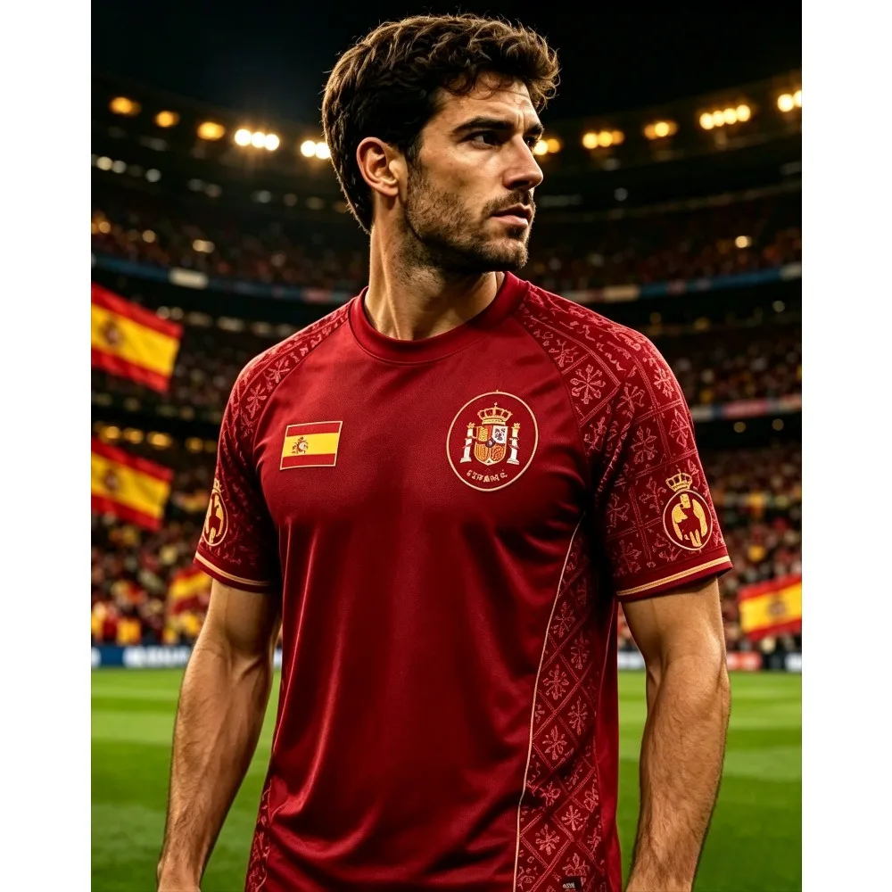 Summer Spain Retro Football Jersey Men Summer Short Sleeve Breathable T-Shirt, Vintage Red Soccer Uniform Fan Training Tee