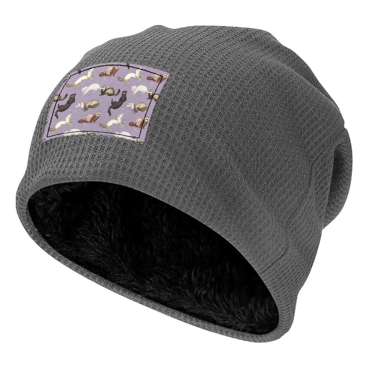 Playful Ferrets Waffle Knit Fleece Lined Beanie with PU Leather Patch Unisex Warm Winter Soft Cap