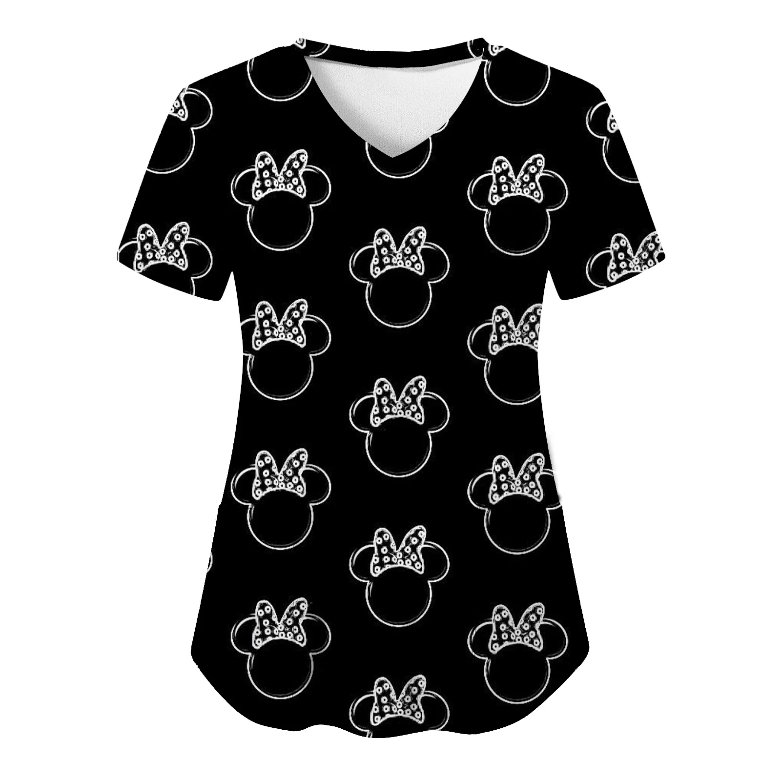 

T-shirt Hospital Woman Clothes Nurse Uniform Top Women 2025 Mickey Shirts V Neck Tops Summer Disney T-shirts Pocket Minnie Mouse