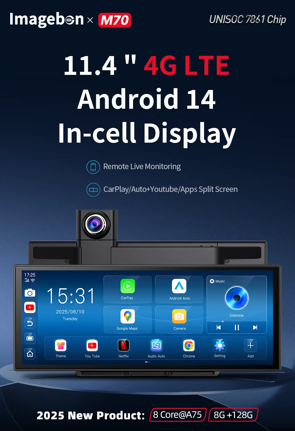 Imagebon 11,4" 4G LTE Android Dash Cam 8 Core 8+128G CarPlay & Android Auto 24h Parküberwachung Google Play Youtube Auto DVR – Detail 1