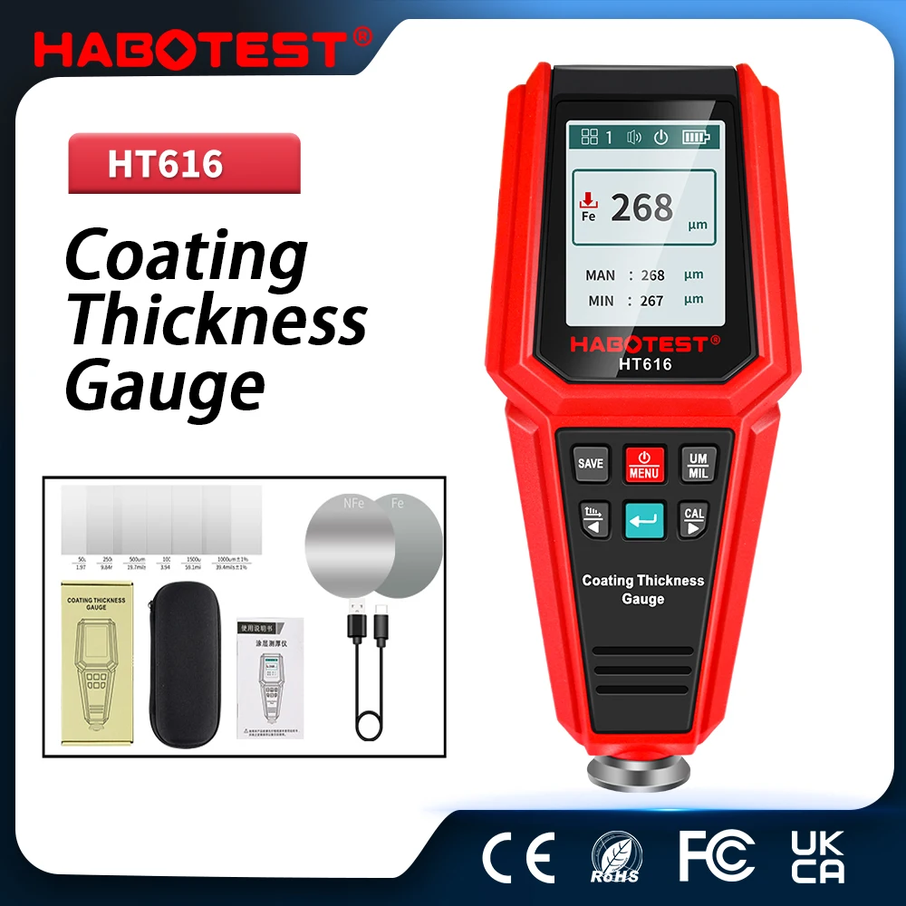 HABOTEST Coating Thickness Gauge 0.1micron/0-1500 Car Paint Film Thickness Tester Measuring FE/NFE Russian Manual Paint Tool