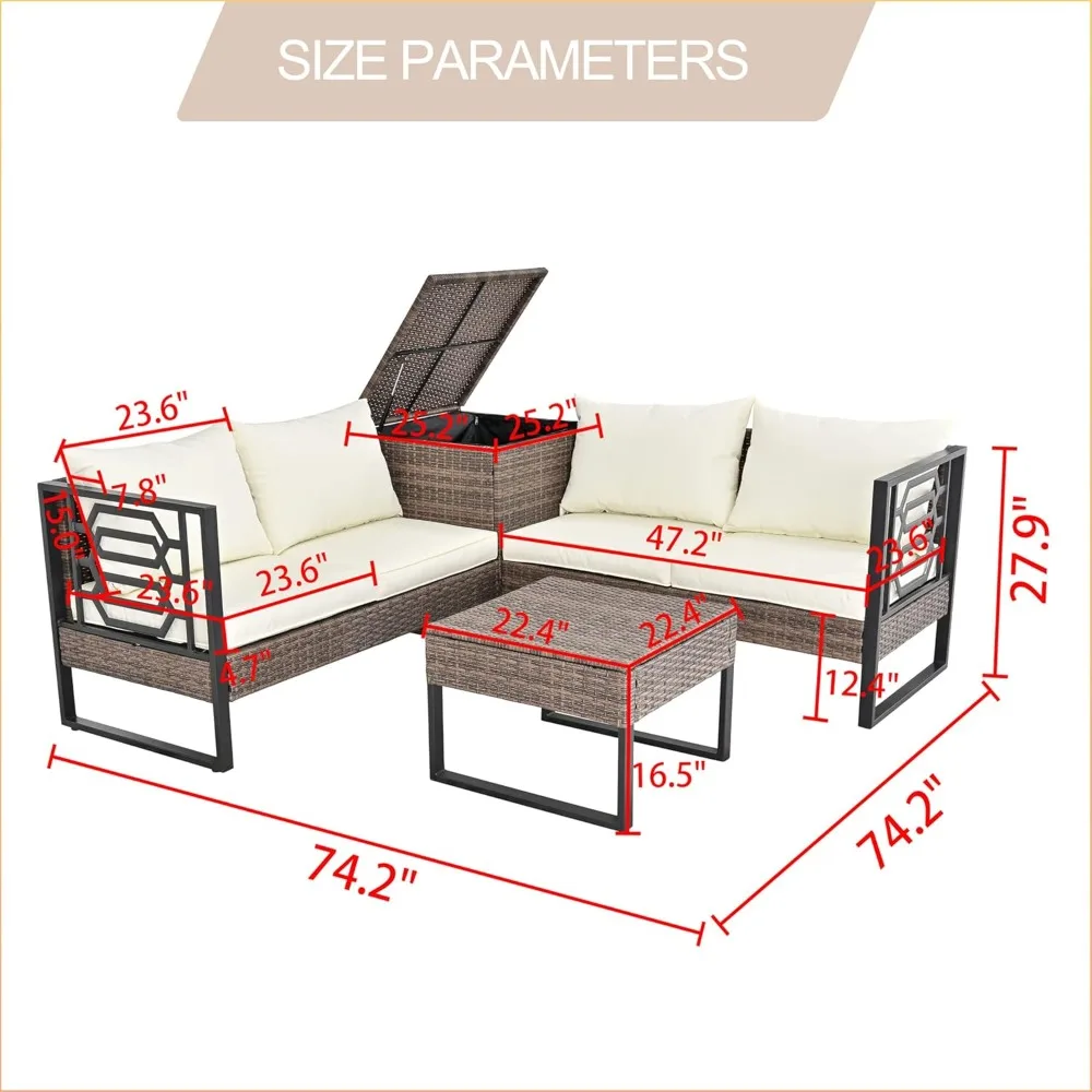 Garden Sofa, L-shaped Patio Furniture, Rattan Outdoor Parlor Sofa with Storage Box and Coffee Table, Sofa Patio Set