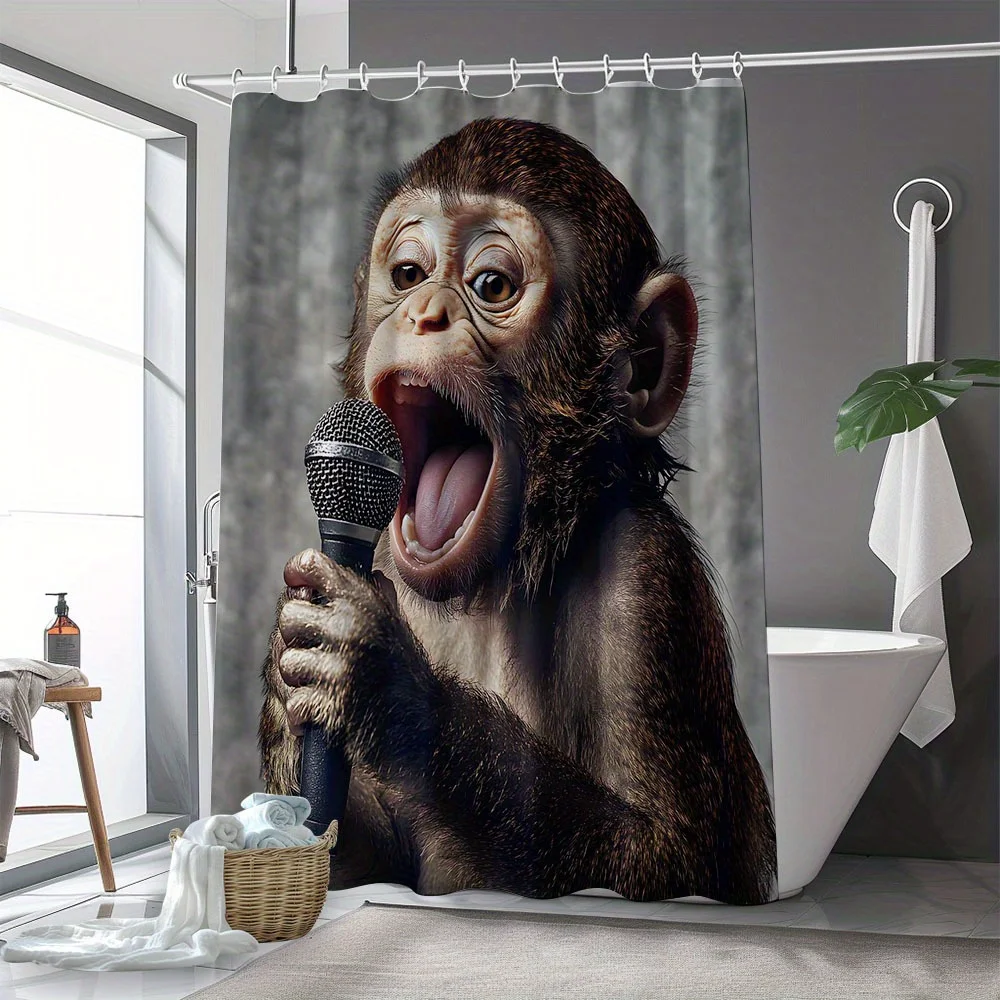 Funny Monkey Shower Curtain, Singing Chimp with Microphone, Realistic Animal Print, Humorous Bathroom Decor, Wildlife Lover Gift