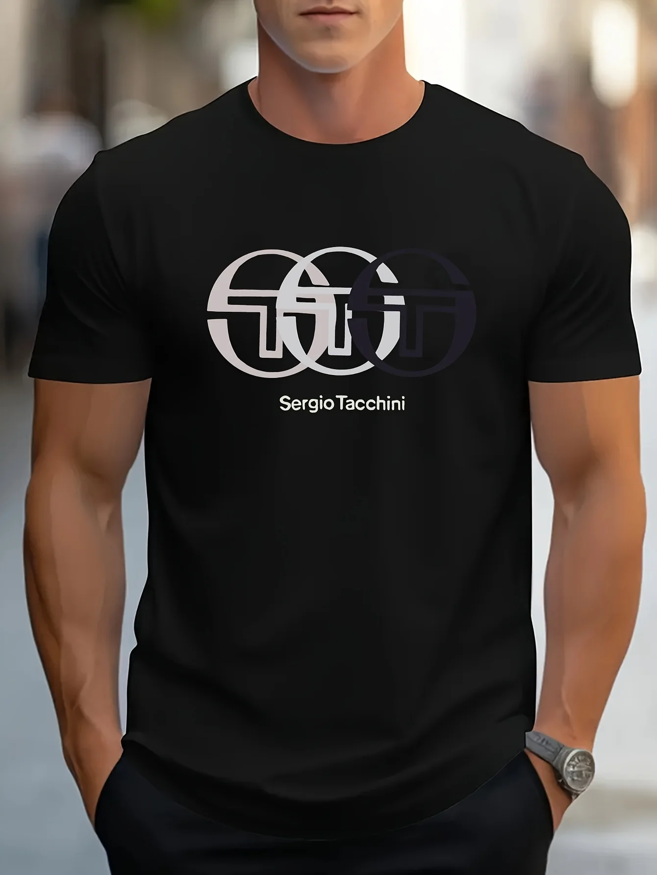 2025 Camiseta con patrón Sergio Tacchini para hombre, diseño retro impreso, manga corta, cuello redondo, ligera, transpirable, informal, calle