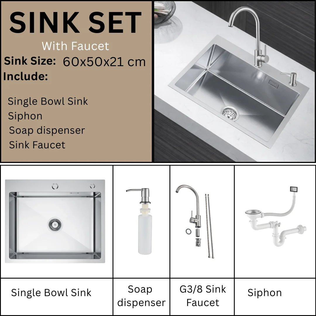 Évier de cuisine en acier inoxydable 60x50cm, cuve simple, évier INOX argenté avec trou pour robinet, tuyau de vidange, fond en forme de X