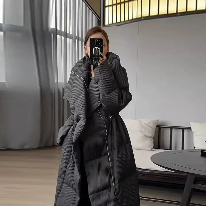 Long Warm White Duck Down Jacket Women Winter Arrival Turn Down Collar Drawstring Striped Material Thick Knee Length Down Jacket