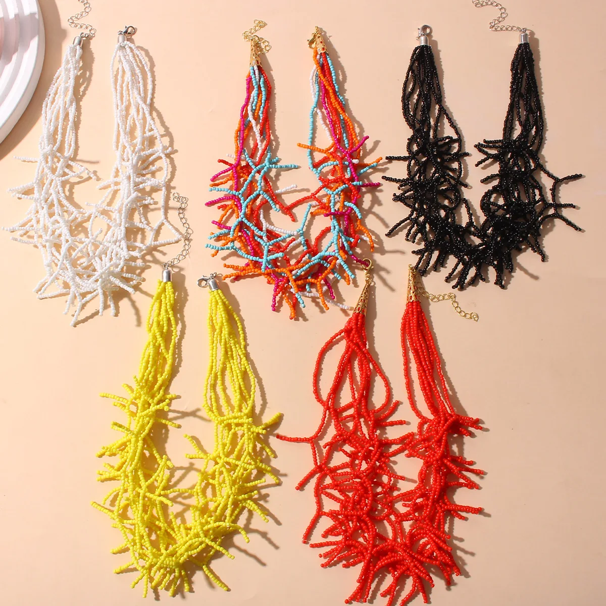 Vintage Beaded Chain Coral Necklaces for Women Boho Beads Coralline Pendant Necklace Colorful Bib Jewelry Summer Holiday Gifts
