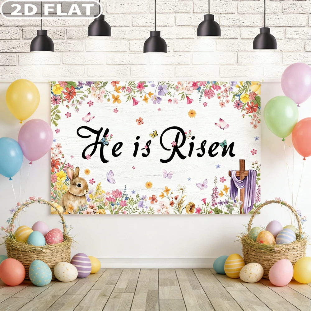 

2D FLAT 1pc He Is Risen Backdrop Happy Easter Spring Banner, 110x180cm/43.31x70.87 Inch Polyester Bunny Grass Jesus Cross