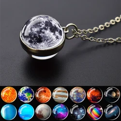Solar System Eight Planets Necklaces Planet Galaxy Double Side Glass Ball Pendant Necklace for Women Men Astronomy Jewelry Gift
