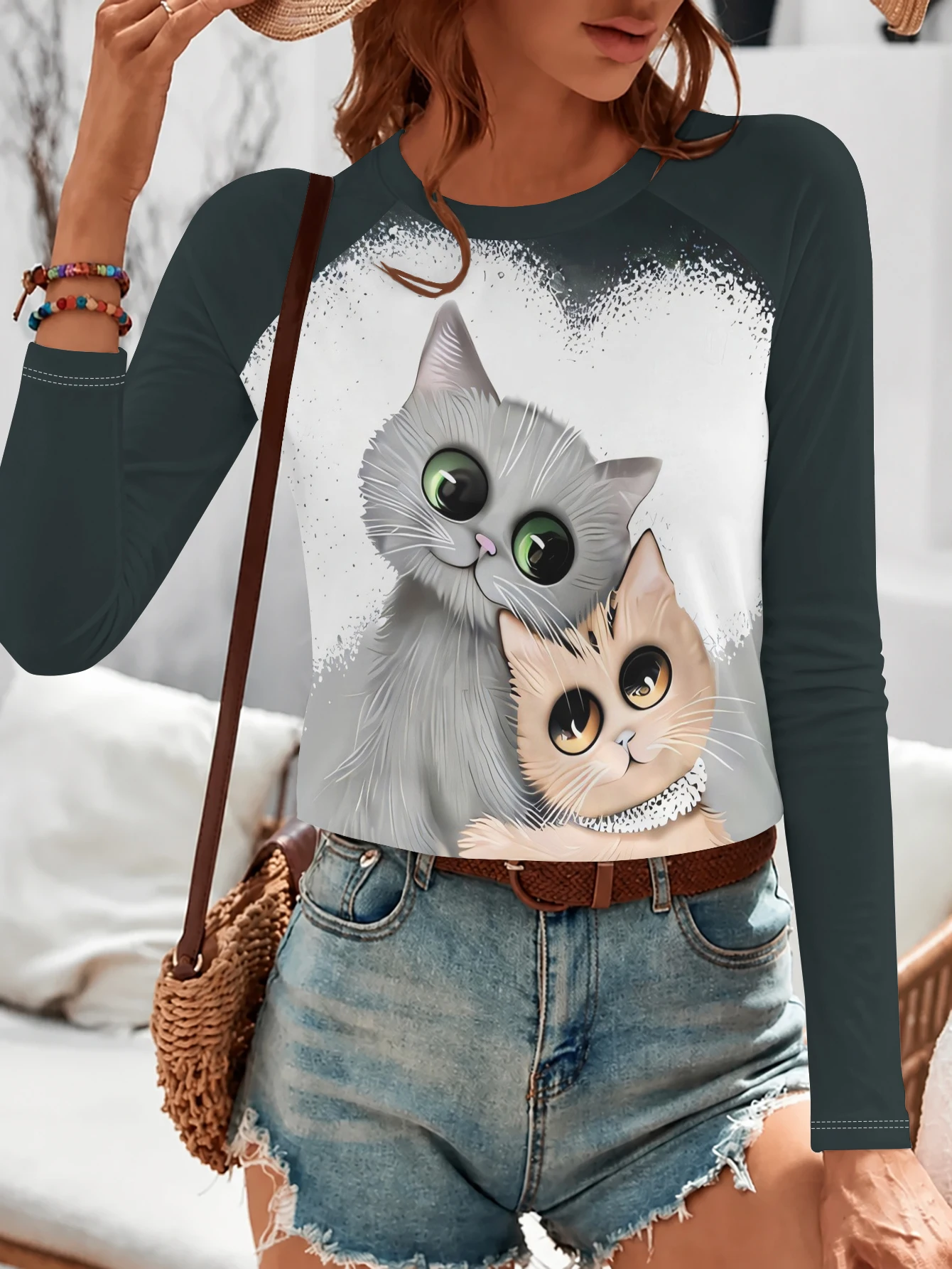 Women T‑shirt Cute Kitten Pet Animal Print Raglan Long Sleeve Autumn Winter Casual Tee Top Women's Clothes