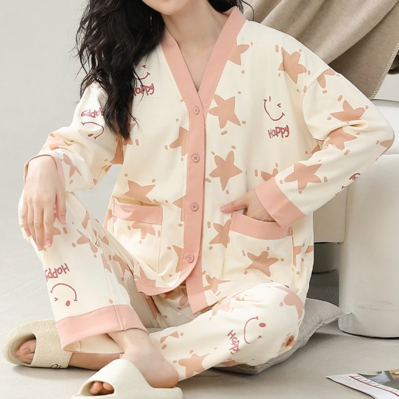 Women Pure Cotton Pajama Sets Long Sleeves Kimono V-neck Lapel Sleepwear Autumn Girl Pijamas Korean Pijamas Japanese Homewear