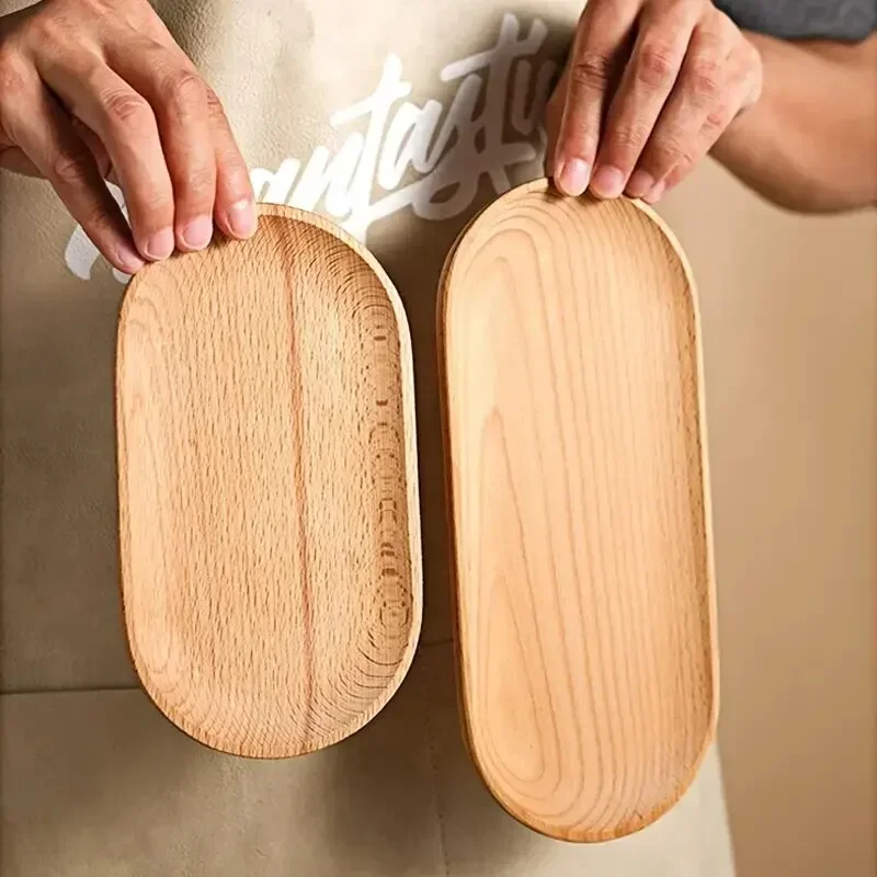 1PC Japanese-Style Tableware Solid Wood Dessert Plate Wooden Tray Snack Plate Fruit Plate Beech Oval Tray Cup Pad Coaster Plate